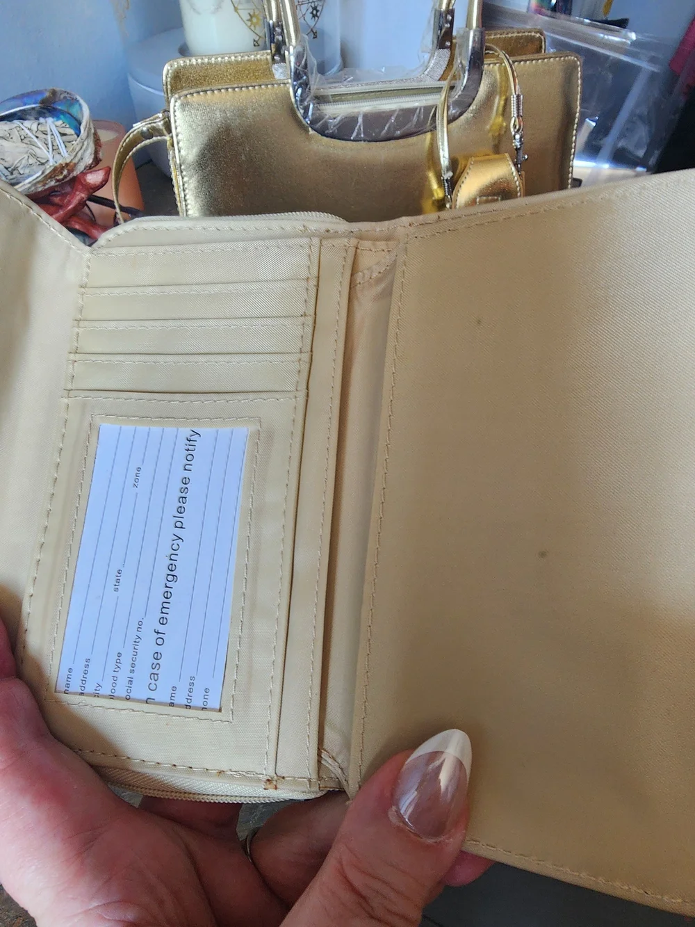 3 Pc Gold Metallic Structured Satchel Handbag with Matching Wallet